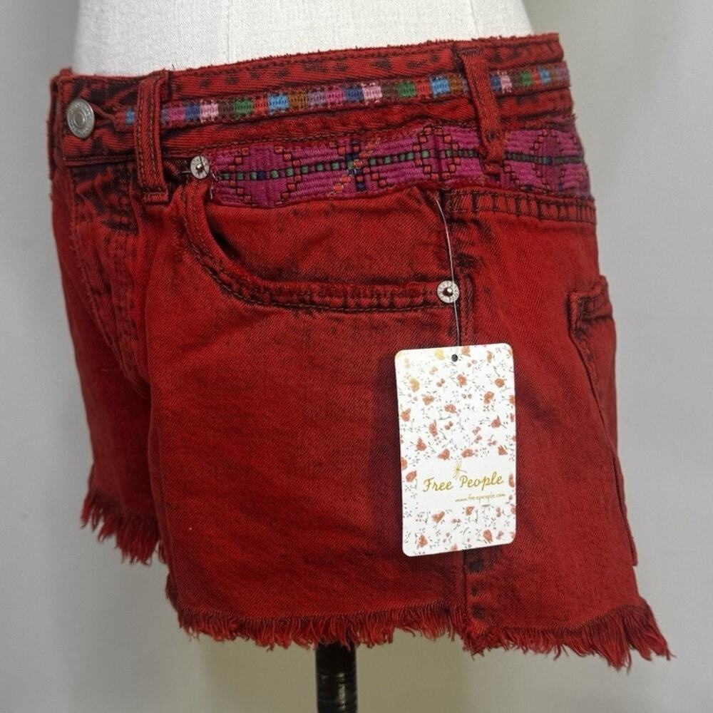 Free People Red Distressed Cutoff Shorts Button Fly Boho Festival Y2K 25 NWT - Picture 3 of 10